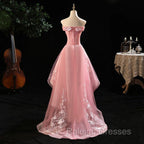 Cute Pink Off Shoulder High Low Tulle with Lace Prom Dress, Pink Homecoming Dresses
