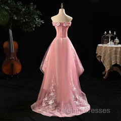 Cute Pink Off Shoulder High Low Tulle with Lace Party Dress, Pink Homecoming Dresses