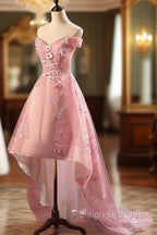 Cute Pink Off Shoulder High Low Tulle with Lace Party Dress, Pink Homecoming Dresses