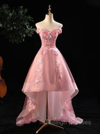 Cute Pink Off Shoulder High Low Tulle with Lace Party Dress, Pink Homecoming Dresses
