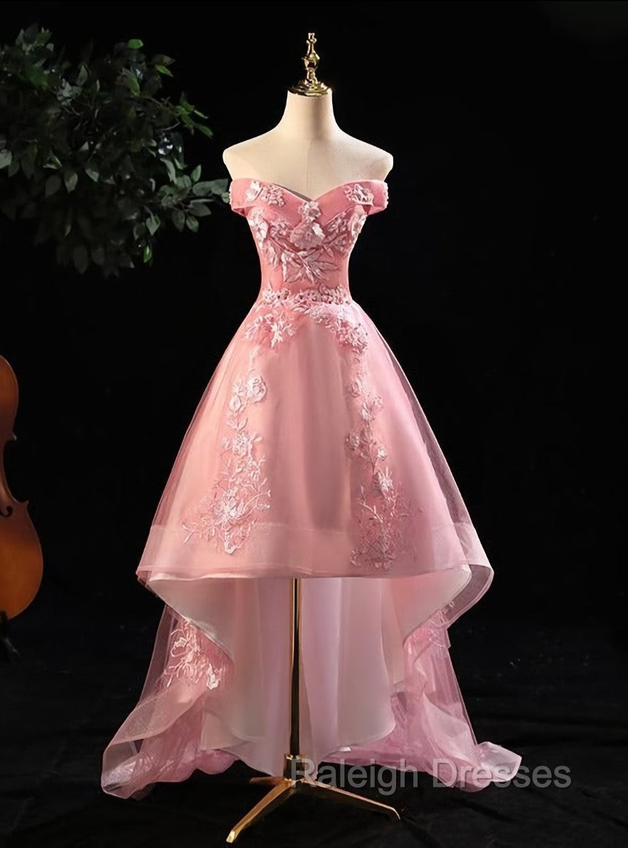 Cute Pink Off Shoulder High Low Tulle with Lace Prom Dress, Pink Homecoming Dresses Main image