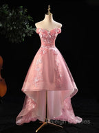 Cute Pink Off Shoulder High Low Tulle with Lace Prom Dress, Pink Homecoming Dresses