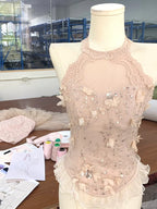 Cute Pink Off-The-Shoulder Beaded Lace Tulle Princess 17Th Birthday Homecoming Dress