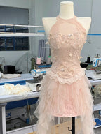 Cute Pink Off-The-Shoulder Beaded Lace Tulle Princess 17Th Birthday Homecoming Dress