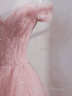 Cute Pink Princess Tulle Sequin Prom Dress Off The Shoulder Evening Dress