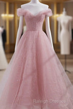 Cute Pink Princess Tulle Sequin Prom Dress Off The Shoulder Evening Dress