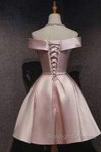 Cute Pink Satin Off Shoulder Knee Length Formal Dress, Lovely Prom Dress