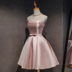 Cute Pink Satin Scoop Knee Length Short Prom Dresses Homecoming Dresses Pink Prom Dress