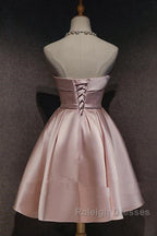 Cute Pink Satin Scoop Knee Length Short Prom Dress Homecoming Dress, Pink Formal Dresses