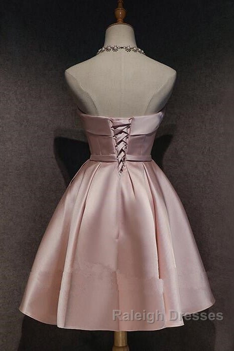 Cute Pink Satin Scoop Knee Length Short Prom Dress Homecoming Dress, Pink Formal Dresses