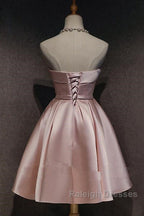 Cute Pink Satin Scoop Knee Length Short Prom Dresses Homecoming Dresses Pink Prom Dress