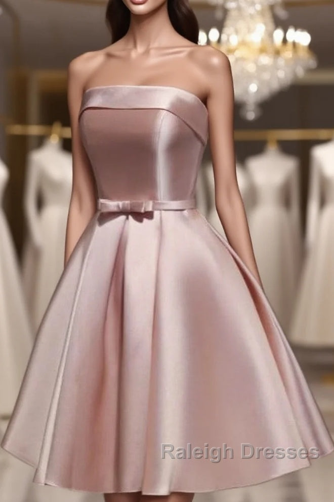 Cute Pink Satin Scoop Knee Length Short Prom Dress Homecoming Dress, Pink Formal Dresses Main image