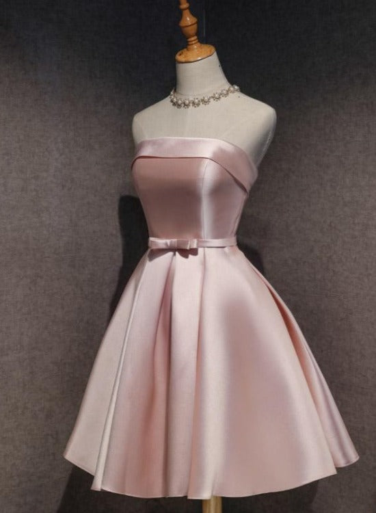 Cute Pink Satin Scoop Knee Length Short Prom Dresses Homecoming Dresses Pink Prom Dress Main image