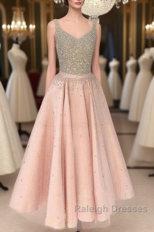 Cute Pink Sequin Tea-Long Prom Dress, Pink Sequin Formal Dress For Teens Main image