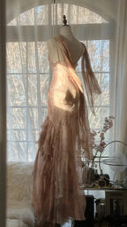 Cute Pink Shoulder Strap Flowing Ribbon Chiffon Beaded Long Formal Prom Dress