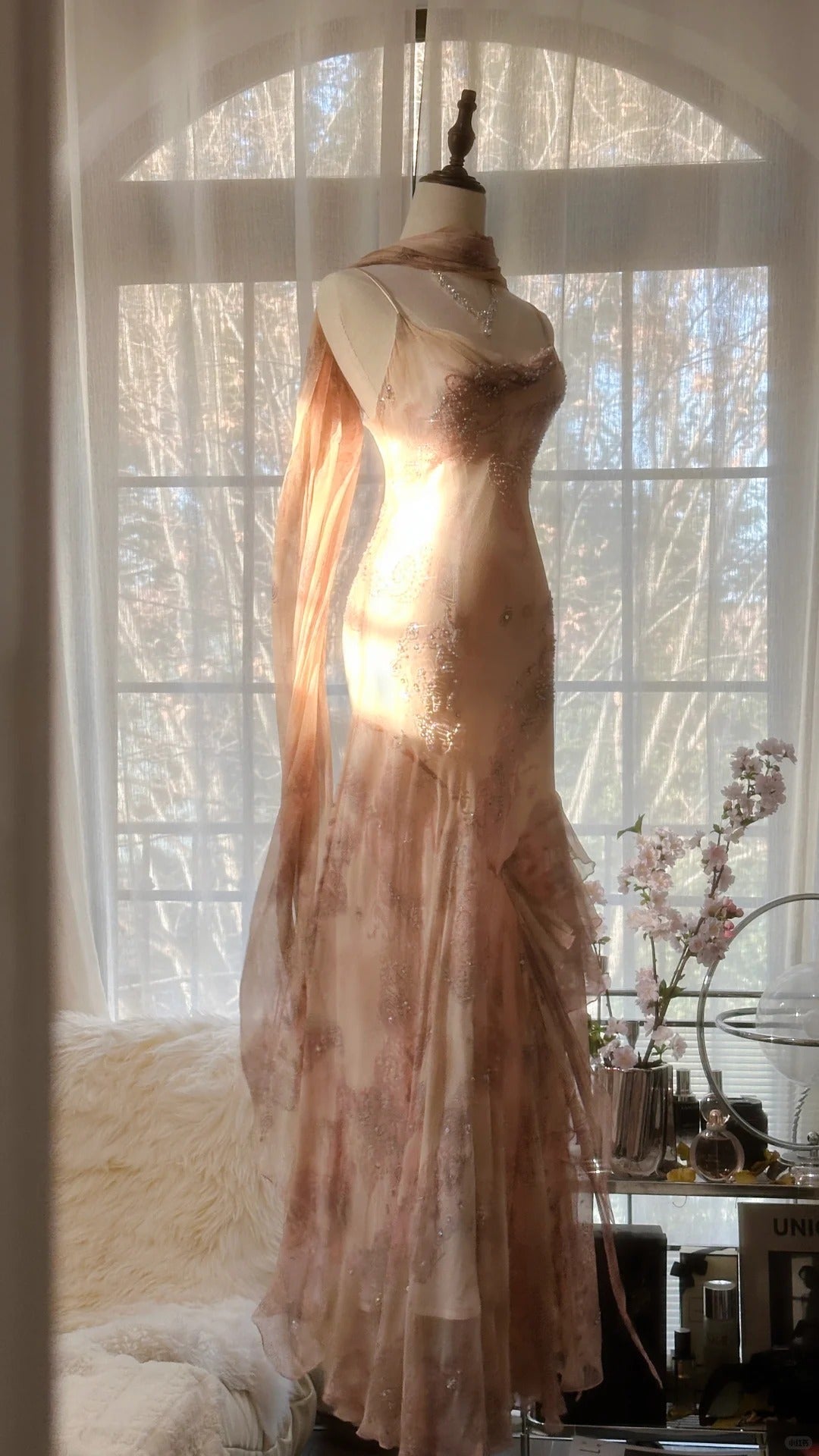 Cute Pink Shoulder Strap Flowing Ribbon Chiffon Beaded Long Formal Prom Dress