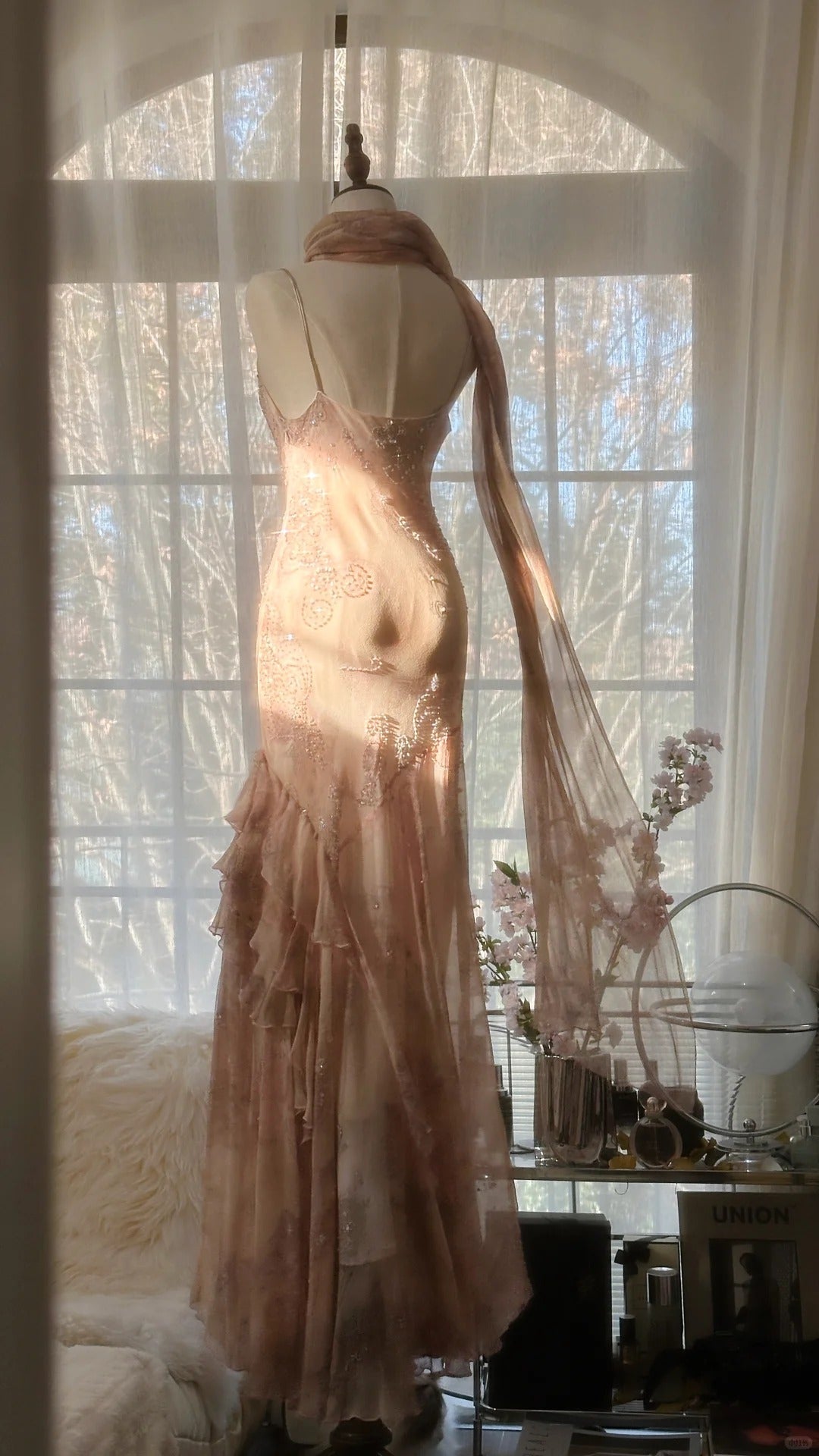 Cute Pink Shoulder Strap Flowing Ribbon Chiffon Beaded Long Formal Prom Dress