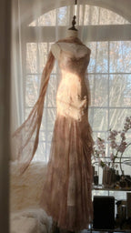 Cute Pink Shoulder Strap Flowing Ribbon Chiffon Beaded Long Formal Prom Dress