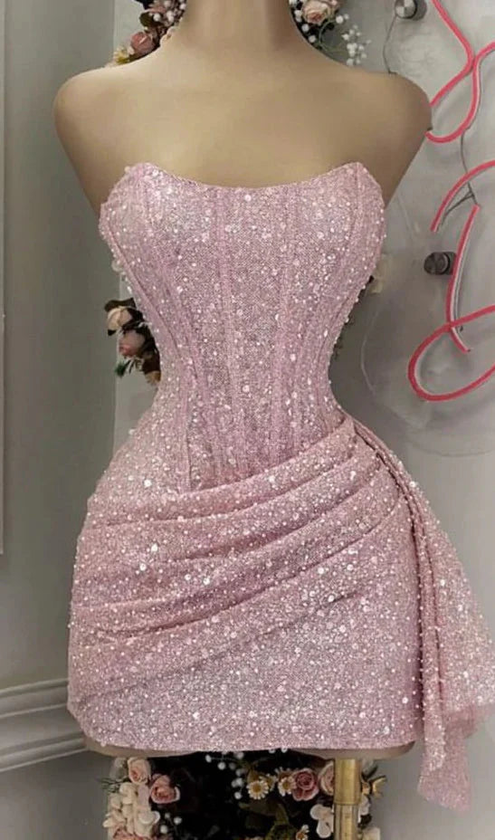Cute Pink Sleeveless Sequined Slim Fit Hip 17Th Birthday Homecoming Dresses Secondary image