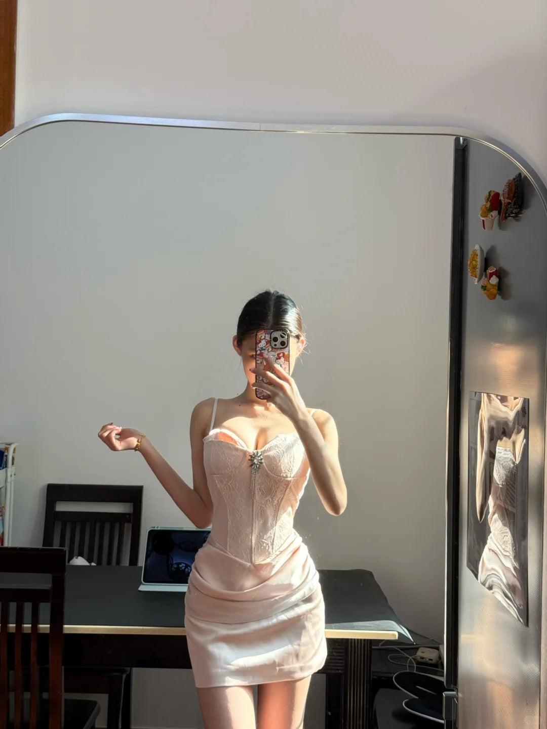 Cute Pink Spaghetti Strap Herringbone Satin Fitted Homecoming Dress Main image