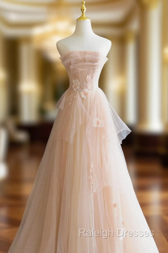 Cute Pink  Strapless Tulle Long Formal Dress with Flowers, Pink Tulle Prom Dress Main image
