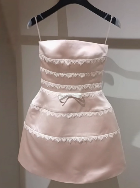 Cute Pink Suspender Satin Lace 17Th Birthday Homecoming Dress Secondary image
