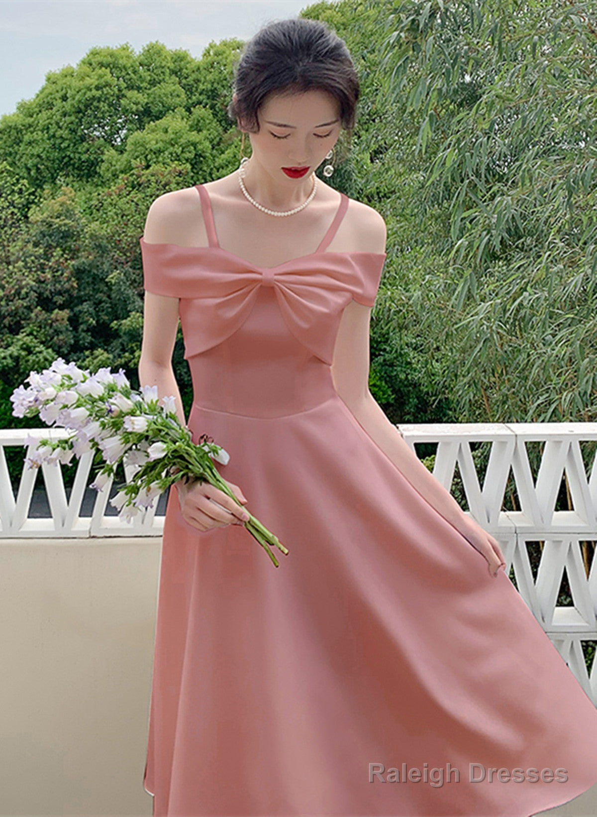 Cute Pink Tea Length Off Shoulder Wedding Party Dress, Pink Short Party Dress Secondary image