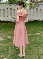 Cute Pink Tea Length Off Shoulder Wedding Prom Dresses Pink Short Prom Dresses