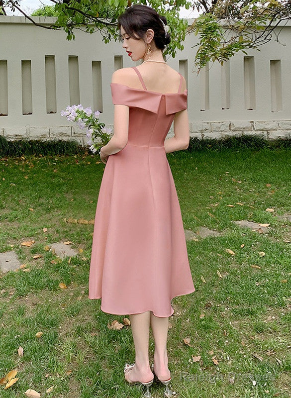 Cute Pink Tea Length Off Shoulder Wedding Prom Dresses Pink Short Prom Dresses