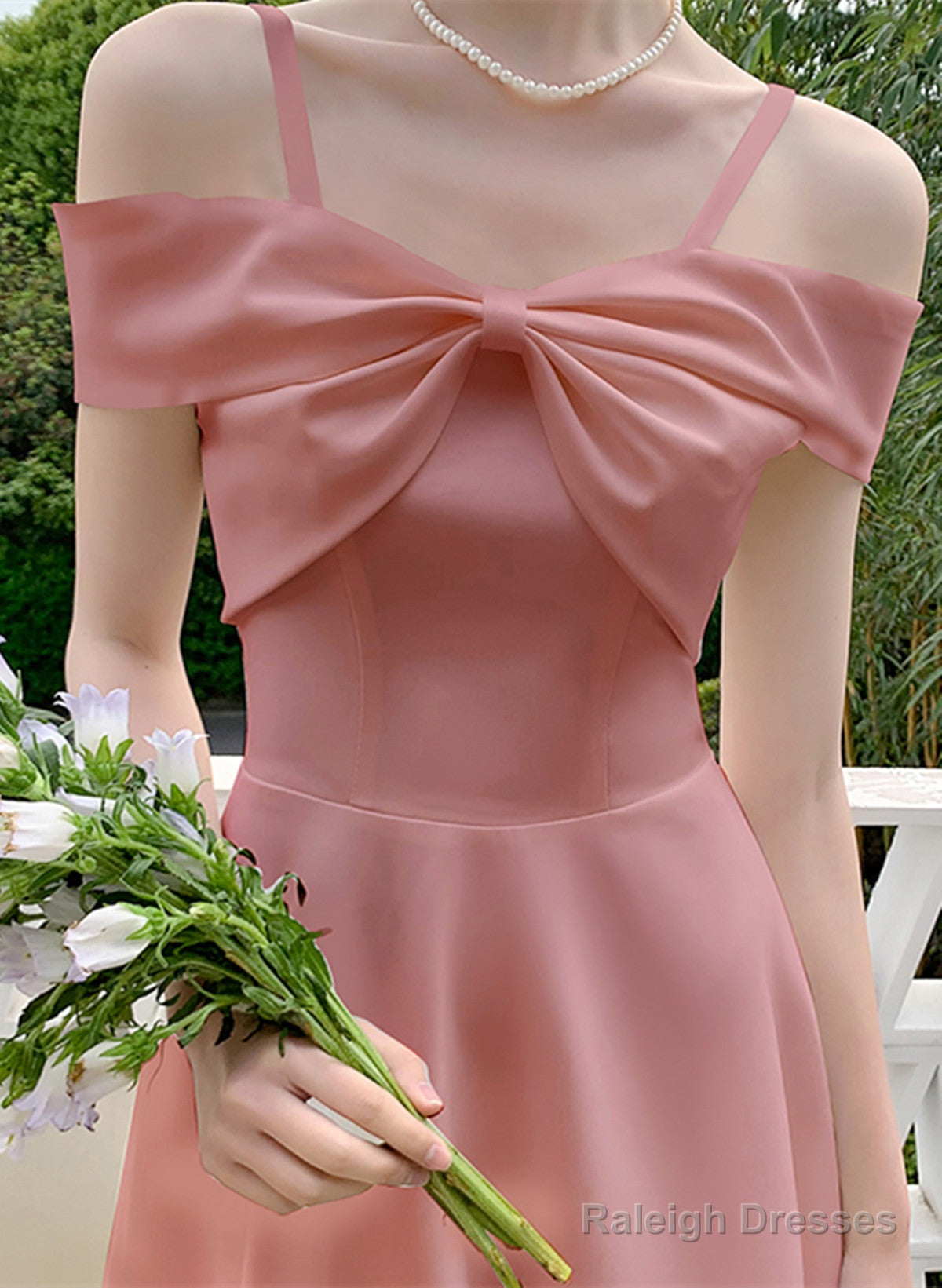 Cute Pink Tea Length Off Shoulder Wedding Party Dress, Pink Short Party Dress Main image