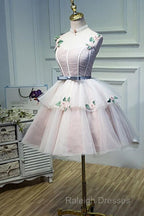 Cute Pink Tulle Short Flowers Lace Layers Prom Dress Pink Short Homecoming Dress