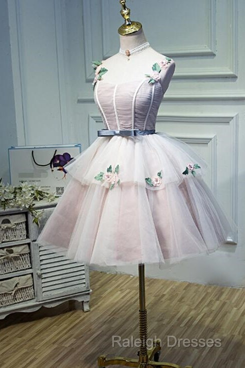 Cute Pink Tulle Short Flowers Lace Layers Prom Dress Pink Short Homecoming Dress