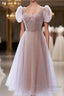 Cute Pink Tulle Short Sleeves Knee Length Homecoming Dress, Cute Pink Prom Dress