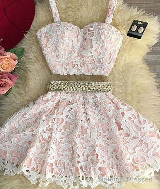 Cute Pink Two Pieces Lace Short Prom Dress, Pink Homecoming Dress