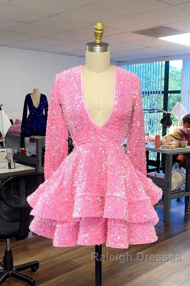 Cute Pink V Neck Long Sleeves Homecoming Dress Secondary image