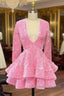 Cute Pink V Neck Long Sleeves Homecoming Dress