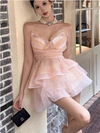Cute Puffy Pink V Neck Mini Birthday Dress Homecoming Dress