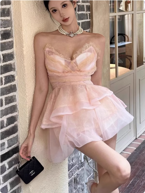 Cute Puffy Pink V Neck Mini Birthday Dress Homecoming Dress