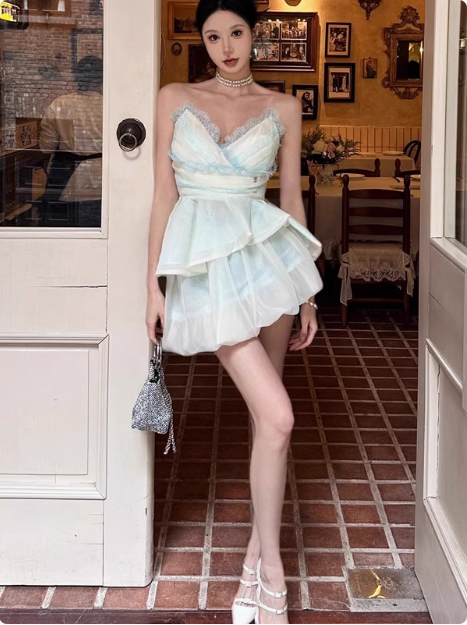 Cute Puffy Pink V Neck Mini Birthday Dress Homecoming Dress