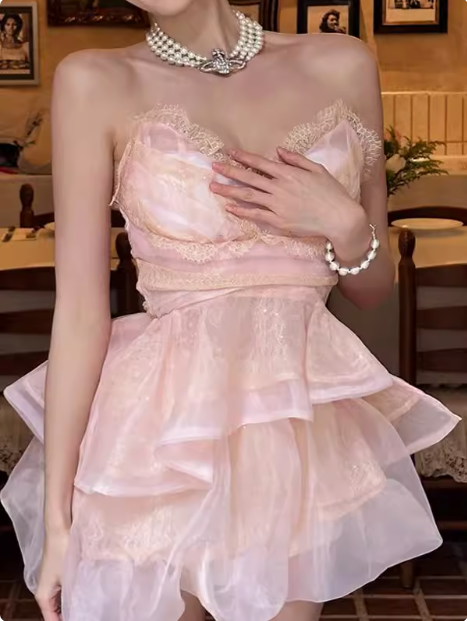 Cute Puffy Pink V Neck Mini Birthday Dress Homecoming Dress Main image