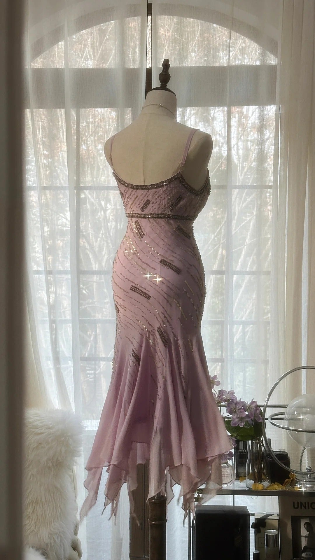 Cute Purple Strap Beaded Chiffon Mermaid Short Formal Prom Dress