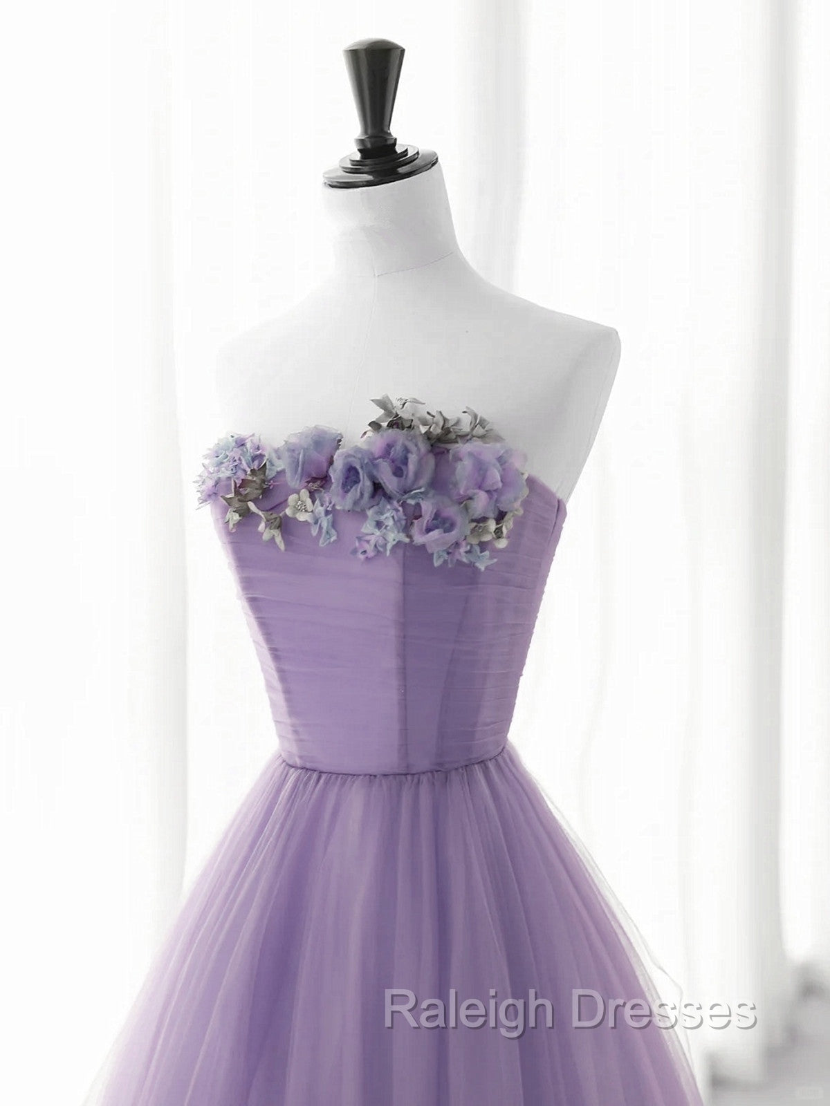 Cute Purple Tulle A-Line Long Prom Dress With Flowers, Purple Tulle Party Dress Secondary image