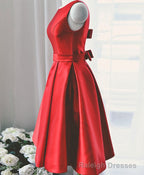 Cute Red A Line Satin Short Prom Dress, Backless Red Homecoming Dresses
