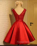 Cute Red Homecoming Dress, Round Neckline Lace and Satin Prom Dress