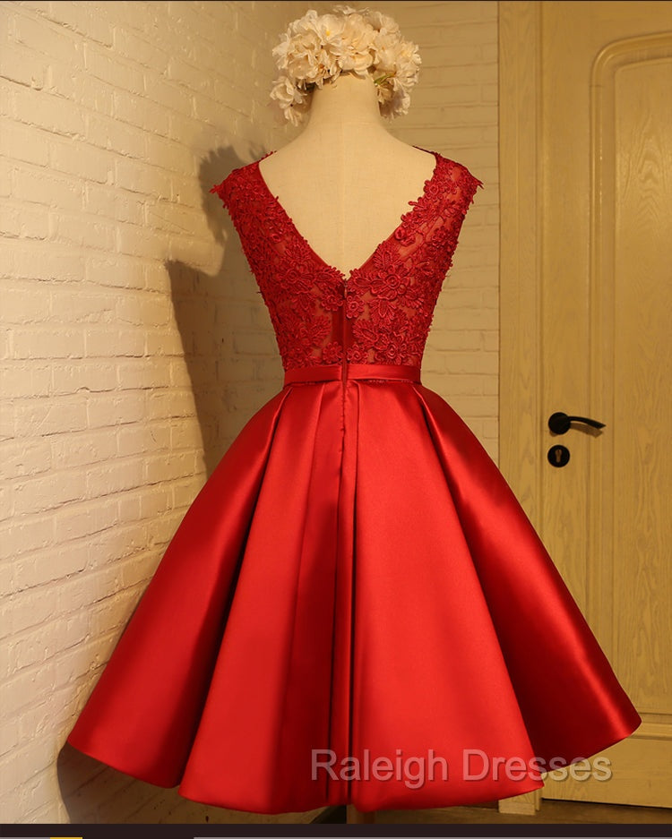 Cute Red Homecoming Dress, Round Neckline Lace and Satin Prom Dress