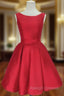 Cute Red Satin Scoop Sleeveless Short Party Dresses, Red Homecoming Dress