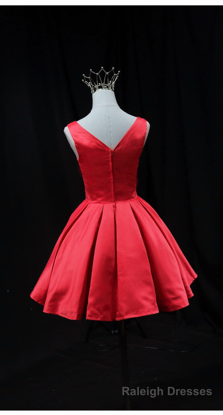 Cute Red Satin Short Party Dress Prom Dress, Red Round Neckline Homecoming Dress Main image