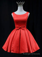 Cute Red Satin Short Prom Dress, Red Round Neckline Homecoming Dress