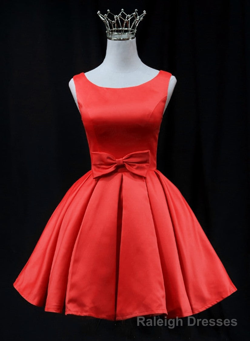 Cute Red Satin Short Prom Dress, Red Round Neckline Homecoming Dress