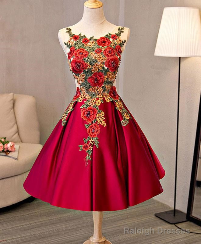 Cute Red Satin With Embroidery Knee Length Homecoming Dresses Short Prom Dresses Secondary image